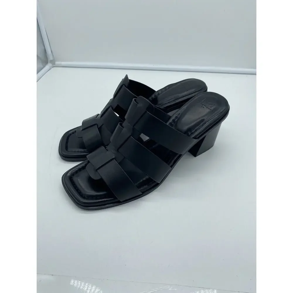 New Marc Fisher LTD Louisa Leather Block Heel Slip On Mules Woven Black Size 11M